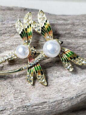 Vintage Inspired Dragonfly Brooch Faux Pearl Bodies Enamel Wings Rhinestones